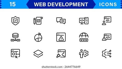 Modern Web Development Icon Set Featuring Coding, Websites, Programming, Design, and Development Concepts in a Professional, Clean Vector Style
