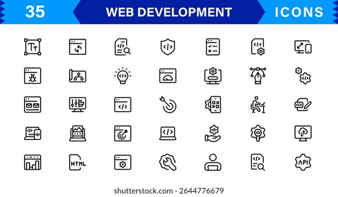 Modern Web Development Icon Set Featuring Coding, Websites, Programming, Design, and Development Concepts in a Professional, Clean Vector Style
