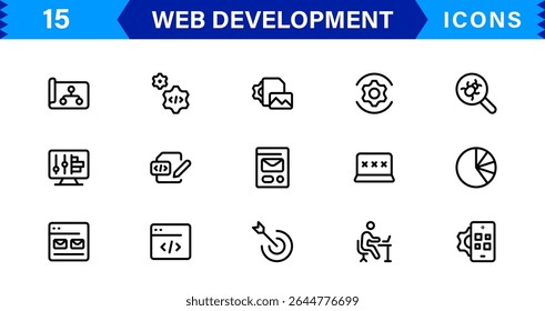 Modern Web Development Icon Set Featuring Coding, Websites, Programming, Design, and Development Concepts in a Professional, Clean Vector Style
