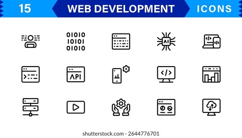 Modern Web Development Icon Set Featuring Coding, Websites, Programming, Design, and Development Concepts in a Professional, Clean Vector Style
