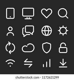 Modern web and digital devices ui icons set, white color linear style pictograms isolated on black background