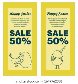 Modern web Easter banner promotion for social networks. Easter frame sale and discounts promo backgrounds with chicken holding an egg. Vector template 