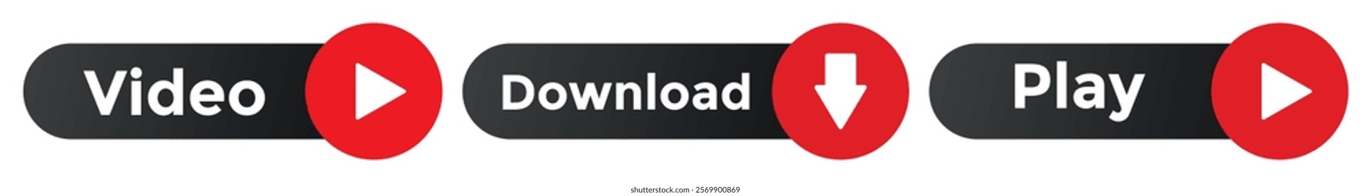 Modern web icons set. Video, download, and play buttons in black and red