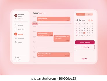 Modern web interface of calendar dashboard with time and meetings schedule and side menu, light pink color scheme template