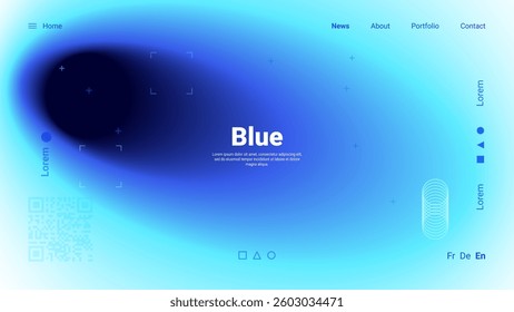 A modern web interface showcases a gradient of blue tones. Text labeled Blue is prominent at the center, surrounded by abstract shapes and patterns.