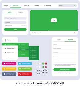 Modern web interface, ui kit elements, dropdown menu, login form, register page, navigation bar, colorful buttons, vector illustration