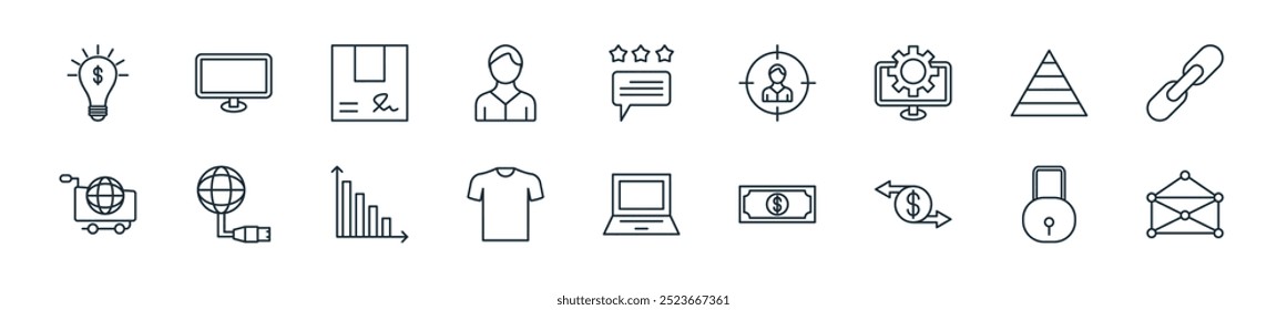 moderno web marketing icon pack. perfeito para projetos de interface de usuário linear com conexão vetorial, segurança, câmbio, nota de dólar, computador laptop, camiseta, gráfico de barras e mais ícones para aplicativos móveis e web.