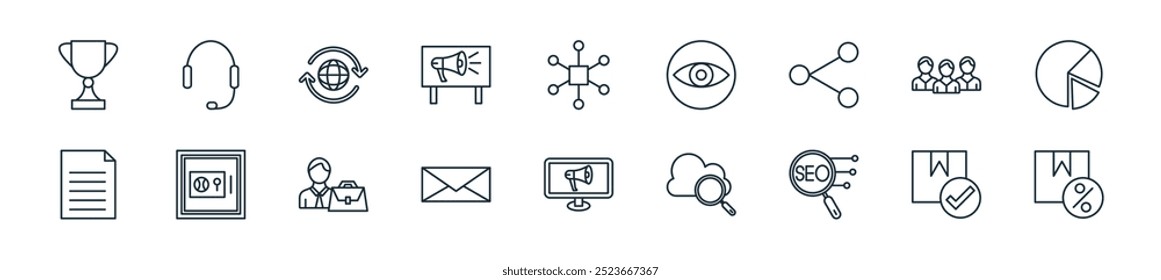 modern web marketing icon pack. perfect for linear ui designs featuring vector discount, order, seo, research, digital marketing, email, business man and more icons for mobile and web apps.