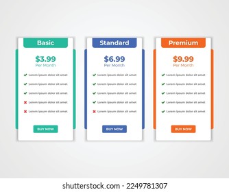 Modern web pricing table, pricing comparison chart subscription plan option layout design template