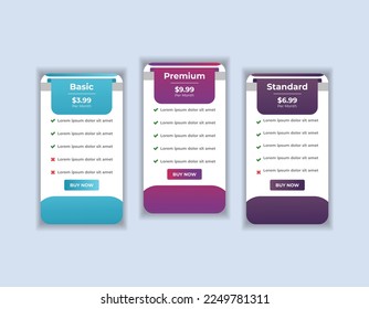 Modern web pricing table, pricing comparison chart subscription plan option layout design template
