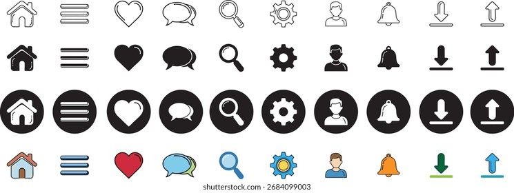 Coleção moderna de ícones de interface de usuário da Web para design de site e aplicativo, um conjunto vibrante de símbolos para elementos de interface de usuário e navegação, estilo simples e limpo