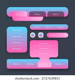Un moderno kit de interfaz de Web con barras de menú degradadas, submenús, Botones y componentes de búsqueda con un diseño limpio y colorido