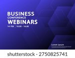 Modern webinar banner featuring abstract blue hexagon design. Clean layout for online seminar and digital meeting with schedule for workshop event and business presentation