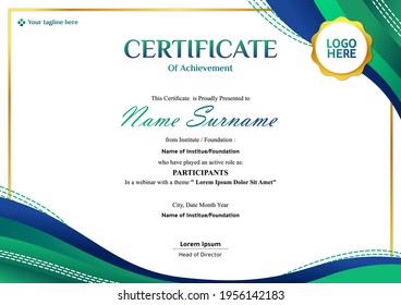 Modern Webinar certificate template with green and blue gradient perfect for your institute and other foundation