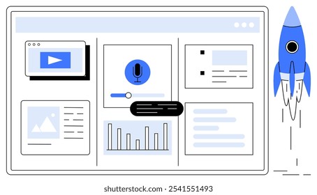 Modernes Website-Dashboard mit Diagrammen, Multimedia und einem Raketensymbol, das den Fortschritt symbolisiert. Ideal für digitale Strategie, Datenanalyse, Multimedia-Inhalte, Unternehmenswachstum und Technologie. Reinigen