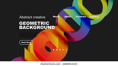 Modern website design features colorful abstract shapes, text overlay, navigation menu. Vibrant hues create dynamic visual impact.