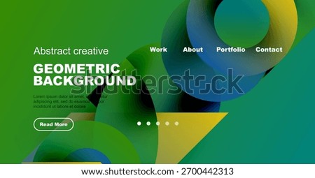 Modern website design features vibrant geometric shapes, text overlay, navigation menu. Green dominates background, offering fresh look.
