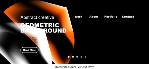 Modern website design. Orange, white shapes dominate black background. Navigation menu present, read more button visible. Minimalist aesthetic.