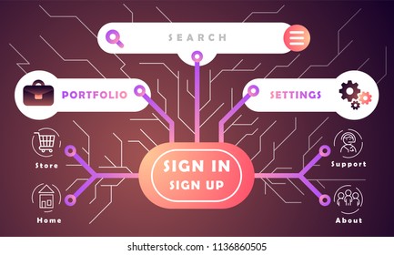 Modern website in gradient style. Vector illustration. Flat design. Digital art. Concept of big data. Creative infographic. 10 EPS