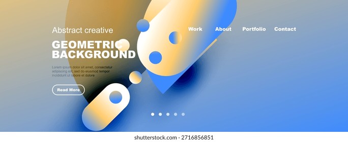 Modern website header design. Abstract shapes, gradients, text elements present. Clean layout, navigation visible. Minimalist aesthetic.