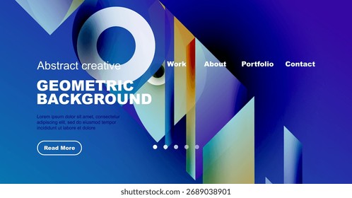 Modernes Design von Website-Headern. Blauer Hintergrund verfügt über abstrakte geometrische Formen, Text, Schaltfläche. Sauber, professionell ästhetisch.