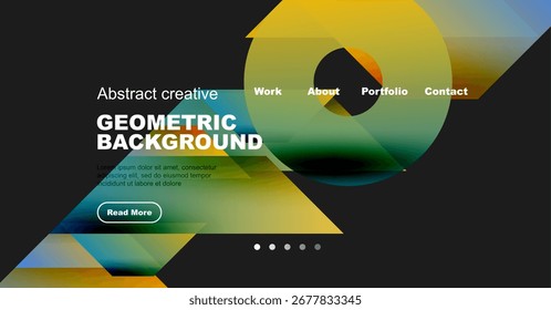Modern website header design. Geometric shapes, vibrant colors, text overlay, navigation menu present. Clean, professional look.