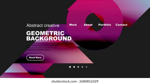 Modern website header design. Pink, purple gradients dominate abstract geometric shapes. Navigation menu present, text visible.