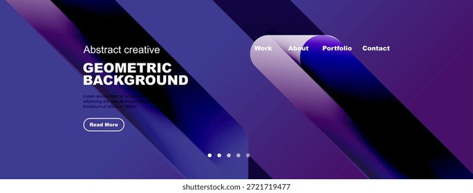 Modern website header design. Purple, blue gradients dominate. Text promotes geometric backgrounds, includes navigation options. Simple, clean aesthetic.