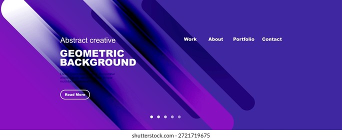 Modernes Design von Website-Headern. Vibrierende violette Farbverläufe, geometrische Formen, Textelemente, Navigationsmenü sichtbar. Sauber, professionell ästhetisch.