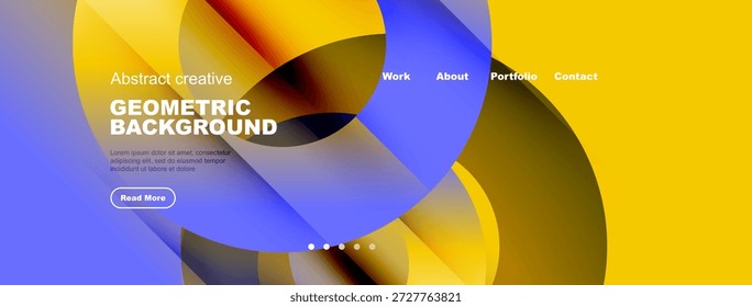 Design moderno do cabeçalho do site. Cores vibrantes, formas geométricas, sobreposição de texto, menu de navegação presente. Estética limpa.