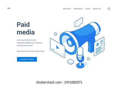 Modern website homepage with blue elements of megaphone and social media resources for paid media information presentation. Isometric web banner, landing page template