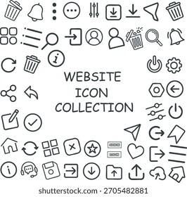 Coleção moderna de ícones de sites com símbolos de interface de usuário de estilo de linha limpa para navegação, ações, configurações e elementos de interface. Perfeito para aplicativos, painéis, web design, UX ou UI e projeto digital.