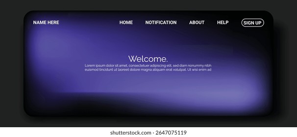 Uma moderna interface de site com um fundo escuro e um canto arredondado