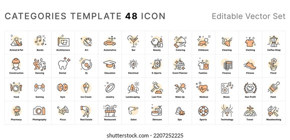 Modern Website Job Categories Template Icon Set, Editable Vector Illustration