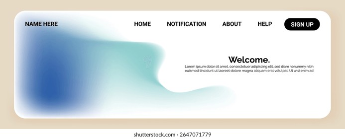 A modern website landing page design featuring a smooth gradient of blue and teal colors forming a wave-like shape on the left side.