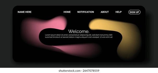 A modern website landing page design featuring a dark background with abstract, blurred gradient shapes in pink and yellow. 