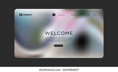 Design moderno da página de aterrissagem do site com fundo borrado e elementos de navegação minimalistas estéticos