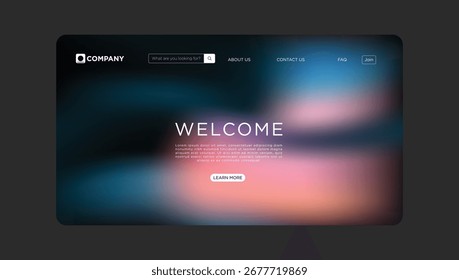 Modern website landing page design with abstract blurred background and welcoming message