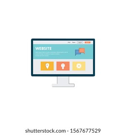 Modern Website Layout On Cartoon Monitor, Flat Landing Page Interface On Computer Device Screen, Web Design Application - Current Technology Vector Illustration