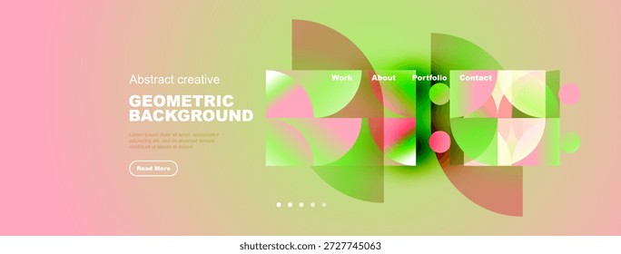 Maqueta de Sitio web moderna. Formas Abstractas, colores vibrantes, diseño limpio. Menú de navegación visible, texto presente. Fondo de degradado rosa.