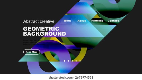 Modern website mockup displays abstract geometric design. Colorful fluid shapes, text elements, navigation visible. Clean presentation.
