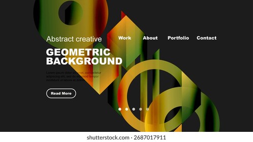 Modern website mockup features vibrant geometric shapes, text overlay, navigation menu. Dark background enhances colorful design elements.