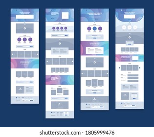 Modern website page design set in pastel colors with field for articles gallery logo contacts isolated on blue background flat vector illustration