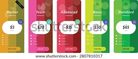 Modern website pricing tables comparing master team advanced basic standard packages offering monthly subscriptions with savings.