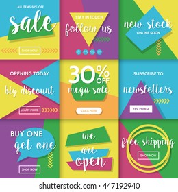 Modern website promotion and sale banners template for social media and mobile apps. Geometrical shapes colorful background design.