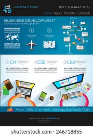 Modern website template with flat style infographics layout for your project. It includes laptop and mobile devices mockup, computers and desk supplies designs.