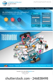 Modern website template with flat style infographics layout for your project. It includes laptop and mobile devices mockup, computers and desk supplies designs.