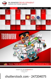 Modern website template with flat style infographics layout for your project. It includes laptop and mobile devices mockup, computers and desk supplies designs.