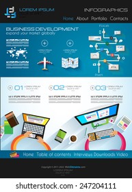 Modern website template with flat style infographics layout for your project. It includes laptop and mobile devices mockup, computers and desk supplies designs.