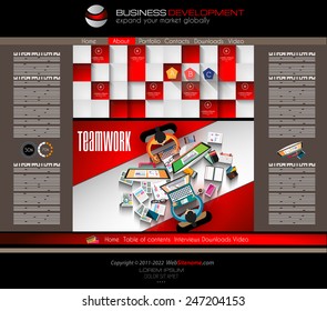 Modern website template with flat style infographics layout for your project. It includes laptop and mobile devices mockup, computers and desk supplies designs.